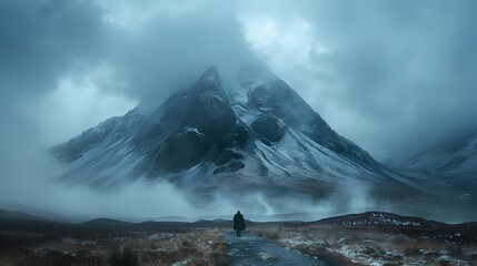 Majestic and Ominous Mountain Landscape in Shroud of Mist and Clouds