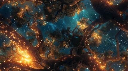 Fototapeta premium Enchanting view of an ancient oak tree adorned with twinkling lights.