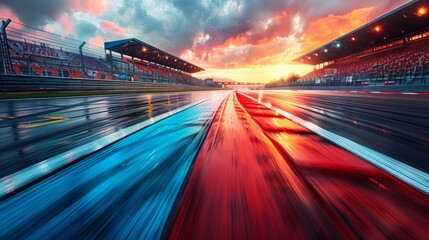 Capturing the dynamic essence of a racetrack, this image showcases speed with motion blur at sunset