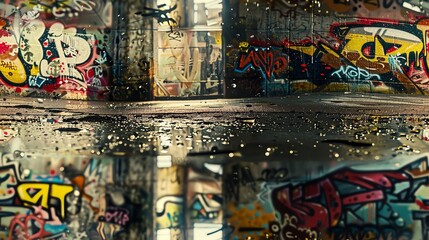 Obraz premium Graffiti art reflected in a puddle on the street.