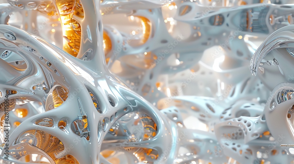 Fototapete abstract 3d rendering of a complex, organic structure with white and orange elements.