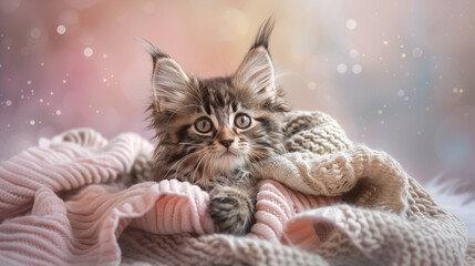Maine Coon kitten wrapped in a blanket.