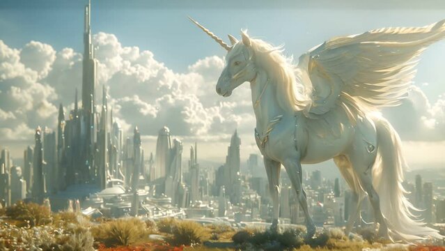 Digital illustration of a unicorn angel in a futuristic utopia where fantasy creatures and advanced civilizations coexist