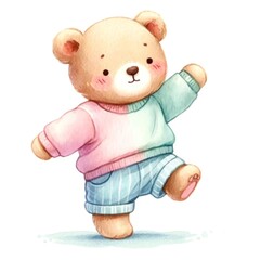 Cute Watercolor Bear In Pastel Outfit