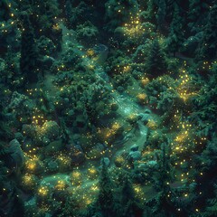 Naklejka premium Enchanting forest illuminated by glowing fireflies at night, creating a magical, serene ambiance with sparkling lights and dense greenery.