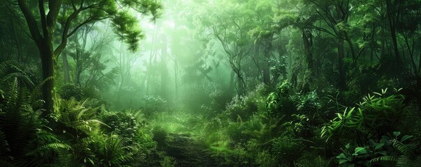 Fototapeta premium The image depicts a lush green forest with sunlight filtering through the dense foliage, creating a serene and vibrant atmosphere.