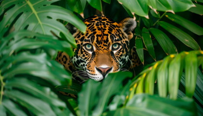 A jaguar hiding in the lush green leaves