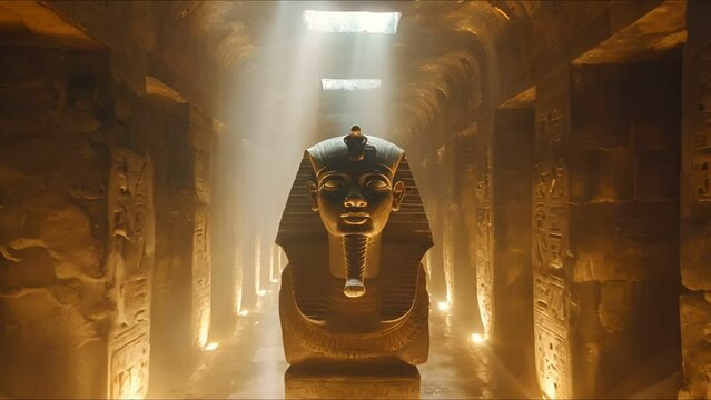 A mysterious scene inside a pyramids hidden chamber where artifacts glow with an unearthly light under the watchful eyes of an Amon Ra statue