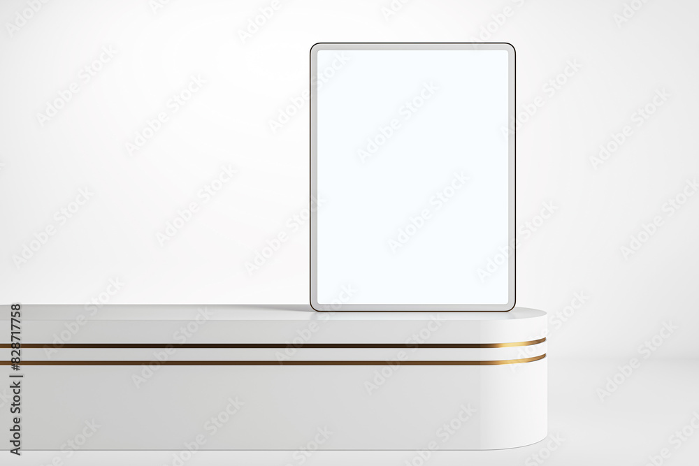 Aufkleber modern tablet with a blank screen on a minimalistic white podium, with a clean design and light back