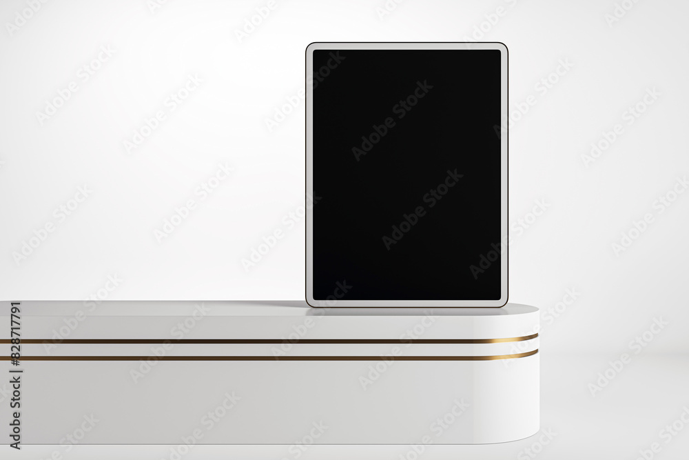 Poster Modern digital tablet display mockup on a white platform and background, showcasing a blank screen for design concepts. 3D Rendering
