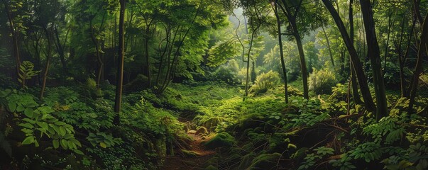 Obraz premium The image depicts a lush green forest with sunlight filtering through the dense foliage, creating a serene and vibrant atmosphere.