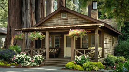 Rustic wooden cabin with flowers in forest setting