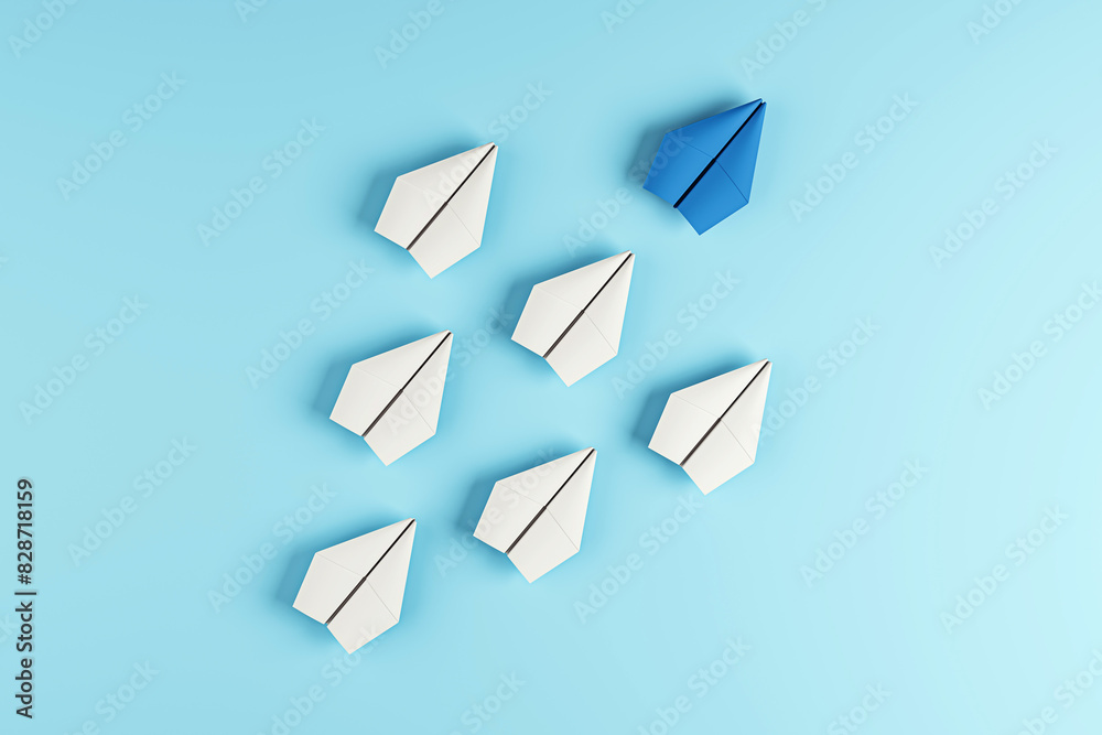 Poster paper airplanes on a blue background, one distinct in color, symbolizing leadership or uniqueness. 3