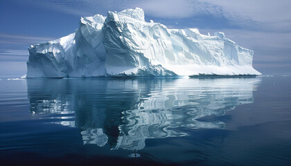 A large iceberg floating in the ocean, with the bottom visible underwater and the waters surface at the top 