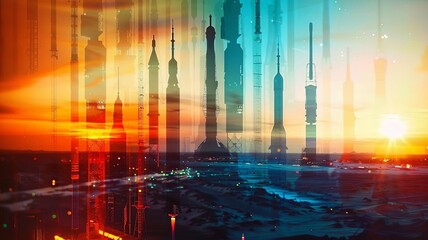 Fototapeta premium Abstract cityscape with vibrant colors blending into a dynamic skyline at sunset, showcasing architectural silhouettes against a colorful sky.