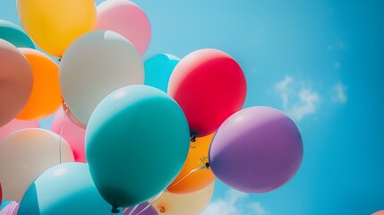 Colorful Balloons Floating in Vibrant Blue Sky