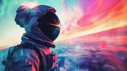 Naklejka premium Astronaut in futuristic space suit gazing at colorful abstract cosmic landscape depicting infinity and exploration.