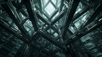 Naklejka premium Mesmerizing view of building interior filled with a multitude of steel beams, isolated background, studio lighting
