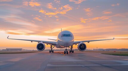 A sleek and sophisticated airplane is parked on a runway at sunrise