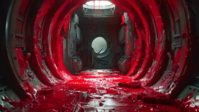 A crime scene in a space habitat knife floating in zero gravity blood droplets forming a haunting pattern