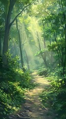 Obraz premium Enchanting Forest Trail Bathed in Warm Sunlight and Atmospheric Haze