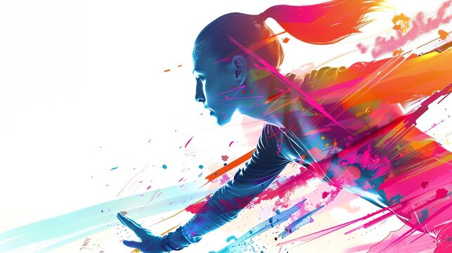 modern pentathlon close up on white background, vibrant colors, double exposure silhouette with pentathlon elements
