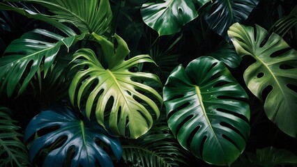 Fototapeta premium Tropical leaves on black background 