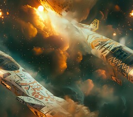 Futuristic Tribal Spacecraft Soaring Through Cosmic Expanse in Cinematic Digital