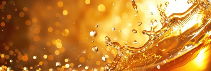 A glass of golden beer is splashing with foam and droplets flying around. The background is filled with warm, glowing bokeh lights.