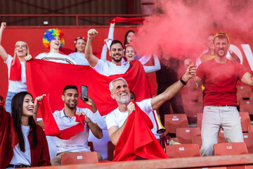 Sport fans lit torches in the stadium at the game. Red colors, flags, stadium.