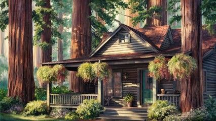 Secluded Redwood Retreat: A charming cabin nestles amidst towering redwoods, sunlight dappling its rustic porch and lush greenery. 