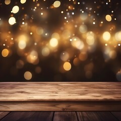 Empty wooden table top with blurred bokeh lights background for mockup template. Generative AI.