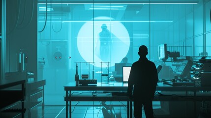 AIdriven tools for predicting drug efficacy, showcasing the future of medical research, front view, advanced tone, Monochromatic color scheme, surreal, Silhouette, hospital research center backdrop