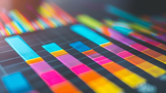 Bar graph with colorful data points, selective focus, statistical report, vibrant, overlay, business meeting backdrop