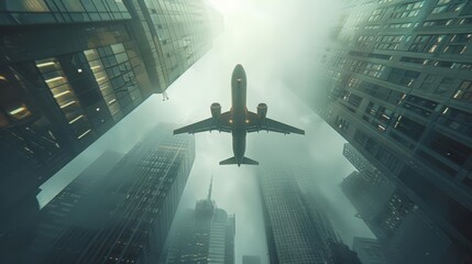 A plane flies over a city. The buildings are tall and the plane is low. The sky is foggy and the city is dark.