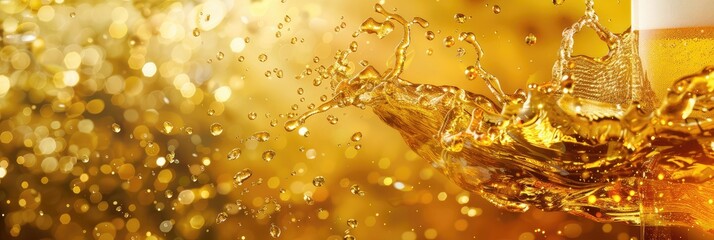 A glass of golden beer is splashing with foam and droplets flying around. The background is filled with warm, glowing bokeh lights.