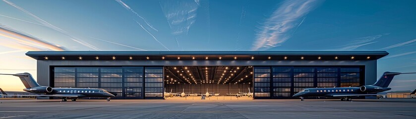 Design a modern private jet hangar with a large door that opens to reveal a private jet inside. The exterior of the hangar should be made of glass and metal.
