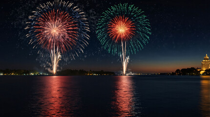 Fireworks in night sky above water, celebration of usa independence day, 4th of July.American national flag, festive holiday of freedom, patriotic event, party