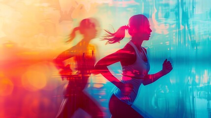 Cardio workouts copy space, vivid hues, Double exposure silhouette with running and heart rate