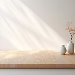 Wooden shelf with beige wall background. Closeup of minimalistic interior design. Generative AI.