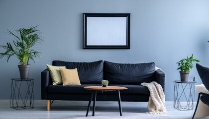 minimalist cozy healing living room blank frame mockup. Beautiful simple view on a couch and table. Black frame available for random text. Living room mock up