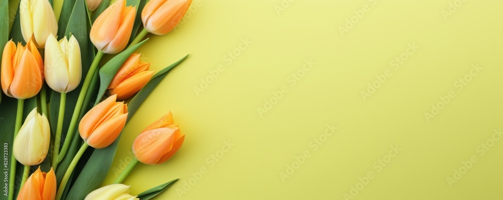 Wall mural Spring tulip flowers on background top view in flat lay style flower floral background border texture - Wall murals
