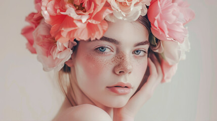 Portrait of a girl with a large wreath of flowers on her head
