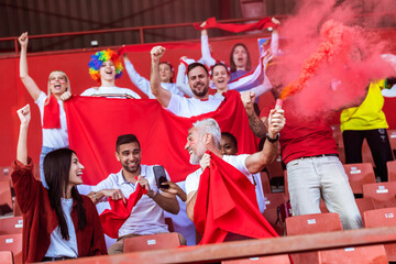 Sport fans lit torches in the stadium at the game. Red colors, flags, stadium.