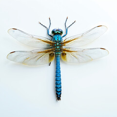 Close up blue dragonfly on white background