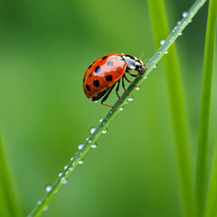 Ladybug on grass with droplet