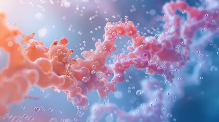 Create an abstract 3D render of a protein chain. The protein should be pink and the background should be blue with small, bright, white spheres.