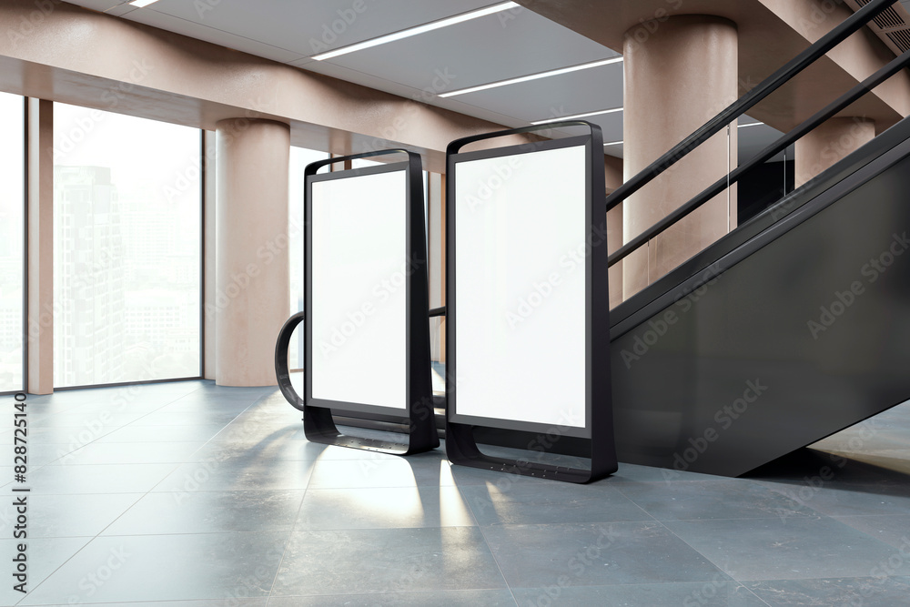 Poster Two blank advertising display boards in a modern interior setting with large windows and urban view, ideal for mockups and branding, lightbox. 3D Rendering