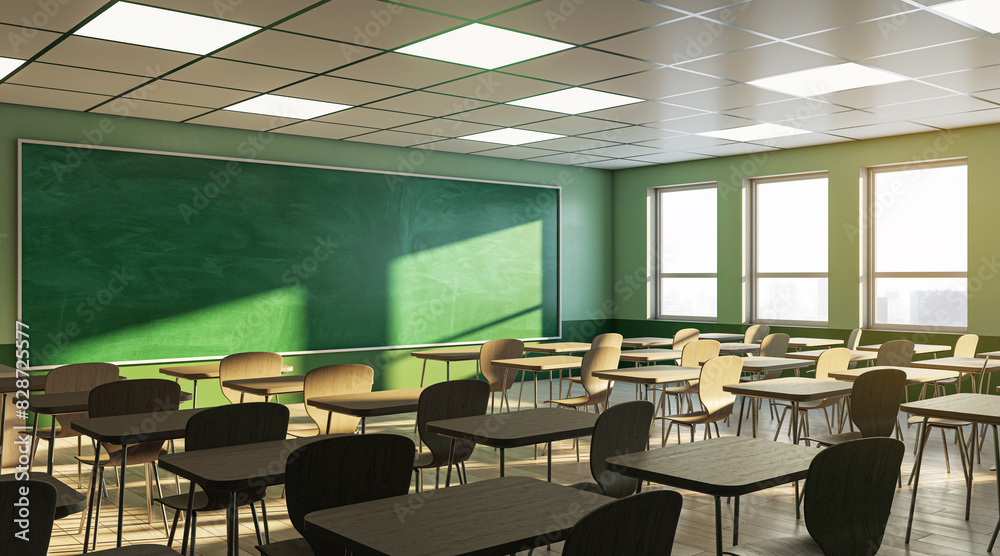Poster classroom with wooden desks and chairs facing a large green chalkboard, under ceiling lights, concep