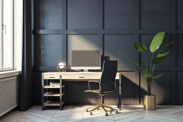Modern office workspace with a computer on a desk, a chair, and a plant, against a dark wall, with natural lighting, concept of minimalism. 3D Rendering